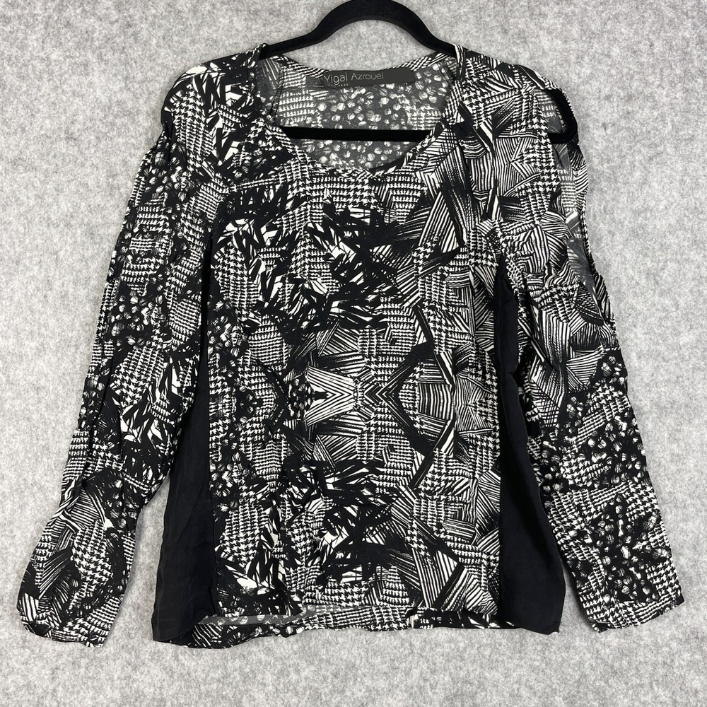 Yigal Azrouel Silk Top Womens 6 Black Printed Blouse Cold Shoulder Long Sleeve